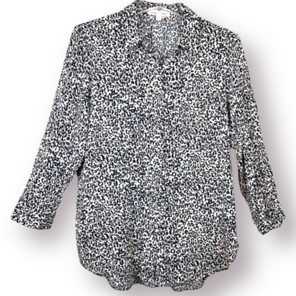Grand & Greene Small Leopard Animal Print Roll Tab Long Sleeve Button Up Blouse